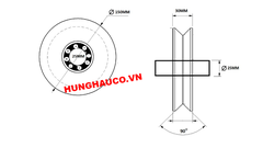 bánh xe ray V 150mm, có bạc đạn - lổ trục 25mm