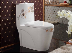 KA0355 - Bồn cầu liền khối sứ nung tráng men nano hoa văn trắng vàng cao cấp