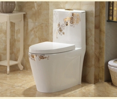KA0355 - Bồn cầu liền khối sứ nung tráng men nano hoa văn trắng vàng cao cấp