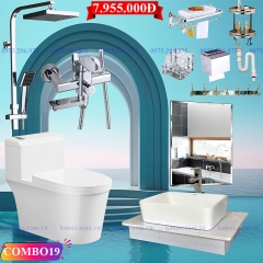 CB16 - Combo trọn bộ phòng tắm, bồn cầu liền khối, bàn đá đơn chậu nổi, sen cây nhiệt độ..
