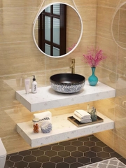 BD1018 - Bàn đá nhân tạo 2 tầng trắng vân mây, kết hợp chậu sứ nổi, vòi nóng lạnh cao, gương tròn viền kim loại trắng.