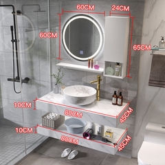 BDNK.203 - Bàn đá đôi nhân tạo bề mặt nhám chống xước kết hợp chậu sứ nổi, vòi nóng lạnh cao, gương led tròn, tủ nhựa cạnh.