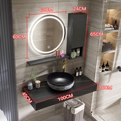 BÀN ĐÁ ĐƠN NHÂN TẠO CHỐNG XƯỚC 1 TẦNG KẾT HỢP CHẬU NỔI VÀ GƯƠNG LED TRÒN TỦ CẠNH BD46