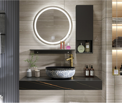 BÀN ĐÁ ĐƠN NHÂN TẠO CHỐNG XƯỚC 1 TẦNG KẾT HỢP CHẬU NỔI VÀ GƯƠNG LED TRÒN TỦ CẠNH BD46