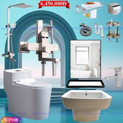 WIN08 - Combo trọn bộ phòng tắm, bồn cầu liền khối, chậu sứ vuông treo, sen cây inox vuông...