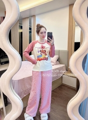 b- BỘ NỮ COTTON ÁO TĂM PHỐI HỒNG GẤU NỔI QUẦN KẺ