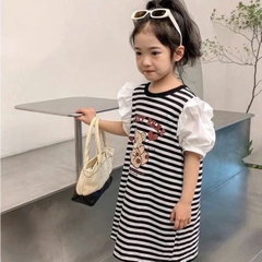 VÁY BÉ GÁI KẺ NGANG GẤU FUNNY TAY BỒNG