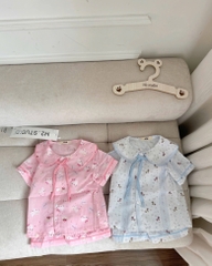 - SET 2 BỘ PYJAMA BÉ GÁI MÈO HOA NHÍ xanh hồng