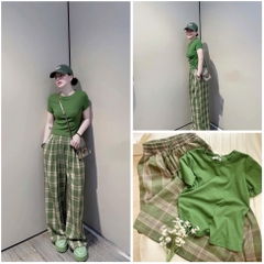 SET AO PULL CỘC MIX QUẦN KẺ XANH LA