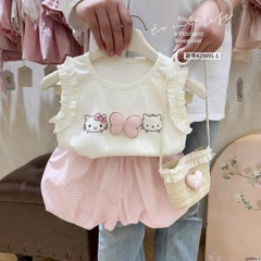 SET BÉ GÁI 3CT ÁO TRẮNG BÈO KITTY QUẦN KẺ HỒNG KÈM TÚI