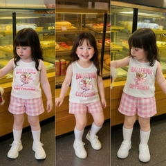 - BỘ ĐÙI BÉ GÁI ÁO TRẮNG BALLERINA QUẦN KẺ