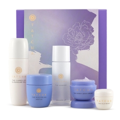 Tách set cho da khô nhạy cảm Tatcha The Starter Ritual - Camellia cleansing oil - Rice police - Essence - Dewy skin cream - The silk peony