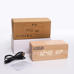 Đồng hồ gỗ để bàn LED có sạc không dây 10W in logo theo yêu cầu