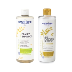 Bộ Dầu Gội, Sữa Tắm Không Xà Phòng Family Shampoo Mẫu Mới và All Purpose Shower Oat hạn 03.2025 Stanhome