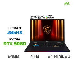 Laptop Gaming MSI Raider 18 HX AI A2XWIG-033VN (Ultra 9 285HX, RTX 5080 GDDR7 16GB, RAM 64GB DDR5, SSD 4TB, 18 Inch MiniLED UHD+ 120Hz 100% DCI-P3)