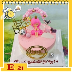 Bánh kem E21 sinh nhật bé gái phụ kiện bong bóng, búp bê hồng cute