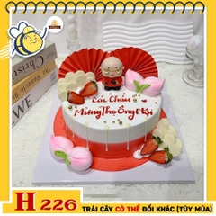 Bánh kem sinh nhật H226 mừng thọ ông nội, bố trang trí thọ đào, quạt đỏ