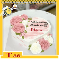 Bánh kem T36 trái tim sinh nhật mẹ bắt hoa hồng màu trắng và hồng kem xinh