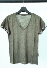 Women’s khaki linen T-shirt, leopard sleeves