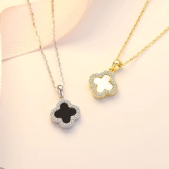 Dây chuyền cỏ bốn lá 2 mặt ĐEN và Trắng Bạc ý 925 đính pha lê Swarovski CECY 06096