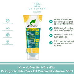 Kem dưỡng ẩm kiềm dầu Dr Organic Skin Clear Oil Control Moisturiser 50ml