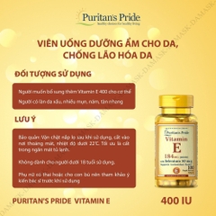 Viên uống bổ sung Vitamin E giúp đẹp da, chống lão hóa, hỗ trợ tin mạch Puritan's Pride Vitamin E-400 Iim mạch U Mỹ