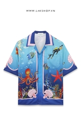 C@s@bl@nc@ Ocean-print Silk Cuban-collar Shirt