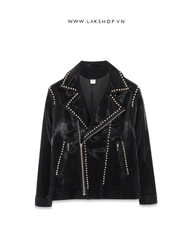 Áo Gold Studded Light Black Faux Leather Biker Jacket cs2