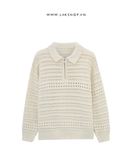 Oversized Off-White Polo Zipped Collar Mesh Sweater cs2