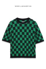 Black Green Checkerboard Knit T-shirt cx5