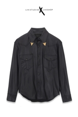 Lak Studios Faux Leather with Metallic Collar Tip Shirt  cx5