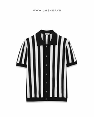 Áo Black&White Stripe Short Sleeve Polo-neck Cardigan