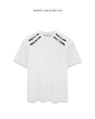 Oversized White Buckle Neck Shoulder Padding T-shirt