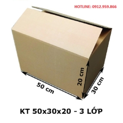 KT: 50 x 30 x 20 cm, 3 lớp. Sóng A, Giấy KPP.