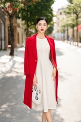 99002D34 - Áo dạ lông cừu đỏ, dáng dài, mí gân cửa tay đính trang trí