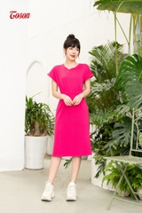 DP019S63 - Đầm cotton hồng sen, dáng suông dài eo chun.