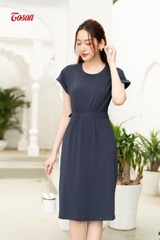 DP019X63 - Đầm cotton xanh tím than, dáng suông dài eo chun.