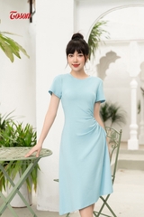 DP005Z93 - Đầm cotton xanh ngọc hàn dáng A, tay cộc eo rút nhún..