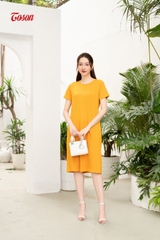 DP006V63 - Đầm suông cotton vàng, thân sau cách điệu xoắn nơ..