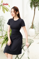 DP005T93 - Đầm cotton xanh than dáng A, tay cộc eo rút nhún Limitted..