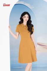 DP016E63 - Đầm cotton be, cổ polo tay cộc dáng A.