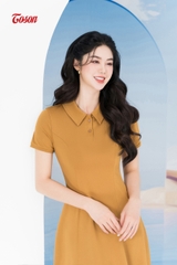 DP016E63 - Đầm cotton be, cổ polo tay cộc dáng A.