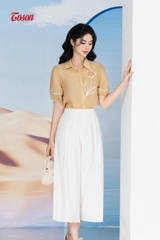 24013W83 - Quần culottes linen trắng xếp ly, cạp cách điệu nơ đai Limitted.