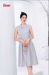 44066E94 - Đầm linen ghi kem sát nách, dáng xòe nhún cắt chéo.