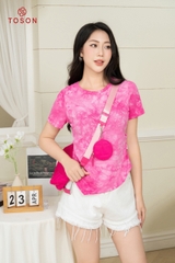 AP321P24 - Áo cotton loang hồng xếp nhún eo