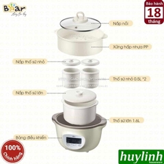 Nồi nấu chậm, chưng yến, nấu cách thuỷ Bear SUBE002 - 1.6 lít - Kèm xửng hấp + 2 thố 0.5 lít