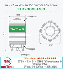 Bồn nước inox Toàn Thắng 2000L đứng TT2000F1380