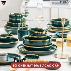 Bộ Đồ Ăn Chén Bát Đĩa Tô Sứ Xanh Ngọc Lục Bảo Viền Vàng Phong Cách Bắc Âu Cao Cấp | Qianhuiju - gia dụng plus