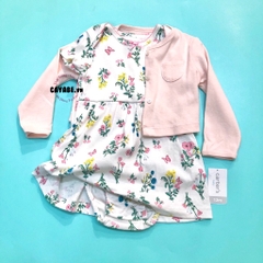 Set đầm bodysuit và áo khoác bé gái : đầm hoa thắt nơ và áo khoác hồng da