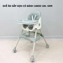 Ghế ăn dặm cho bé gấp gọn CAYABE Umoo nâng hạ độ cao thấp 2 mức UM-0491, có bánh xe, đệm lót da êm ái màu xanh mint, kem nâu, hồng, xanh navy